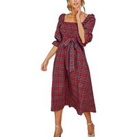 KIKI Blusenkleid Damen Kleid Quadratischer Ausschnit Halbarm Karomuster Midi Kleider von KIKI