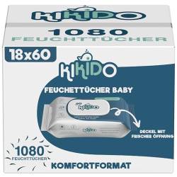 Kikido Feuchttücher Baby - 1080 Tücher, 18 Packungen mit 60 Stück - Feuchte Tücher Sanfte Formel für empfindliche Haut - Mit Frische-Spar-Deckel - Alkoholfrei und seifenfrei - Dermatologisch Getestet von KIKIDO