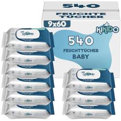Kikido Feuchttücher Baby - 540 Tücher, 9 Packungen mit 60 Stück - Feuchte Tücher Sanfte Formel für empfindliche Haut - Mit Frische-Spar-Deckel - Alkoholfrei und seifenfrei - Dermatologisch Getestet von KIKIDO