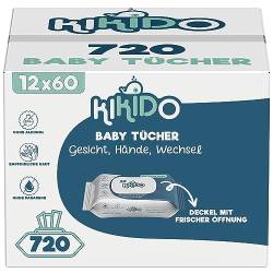 Kikido Feuchttücher Baby - 720 Tücher, 12 Packungen mit 60 Stück - Feuchte Tücher Sanfte Formel für empfindliche Haut - Mit Frische-Spar-Deckel - Alkoholfrei und seifenfrei - Dermatologisch Getestet von KIKIDO