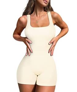 KIKIMINK Damen Jumpsuits Nahtlos Gerippt Quadratischer Ausschnitt Einteiler Yoga Workout Ärmellose Strampler Sexy Tank Top Shorts, Cream, Small von KIKIMINK