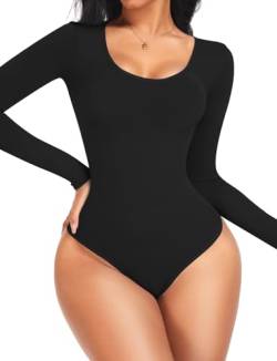 KIKIMINK Shapewear Bodysuit für Frauen Bauchkontrolle Langarm U Ausschnitt Nahtlos Body Shaper Tops Tanga, Schwarz, M-L von KIKIMINK