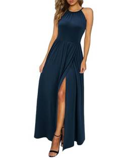 KILIG Maxikleid Damen Sommer Neckholder Sommerkleid Elegant Lang Kleid Hochzeitsgast Partykleid Schlitz Freizeitkleid (Navy,XL) von KILIG