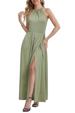 KILIG Maxikleid Damen Sommer Neckholder Sommerkleid Elegant Lang Maxi Kleid Hochzeitsgast Schlitz Freizeitkleid (Bean Green,M) von KILIG