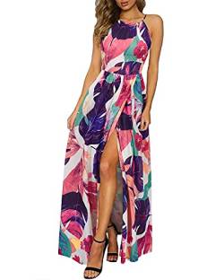 KILIG Maxikleid Damen Sommer Neckholder Sommerkleid Elegant Lang Maxi Kleid Hochzeitsgast Schlitz Freizeitkleid (Floral-O,X-Large) von KILIG