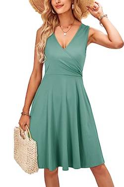 KILIG Sommerkleid Damen A-Linie Kleider Sommer Knielang V-Ausschnitt Kleid Freizeitkleid (Light Green,XL) von KILIG