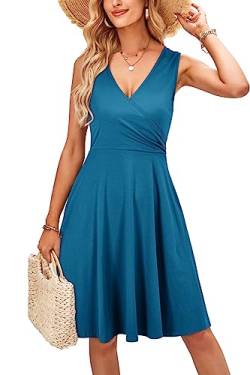 KILIG Sommerkleid Damen A-Linie Kleider Sommer Knielang V-Ausschnitt Kleid Freizeitkleid (Peacock Blue,L) von KILIG