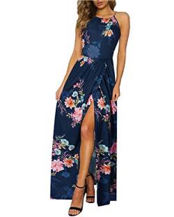 KILIG Sommerkleid Damen Lang Maxikleid Neckholder Elegant Sommer Kleid Hochzeitsgast Partykleid Schlitz Freizeitkleid (Floral-K,Large) von KILIG