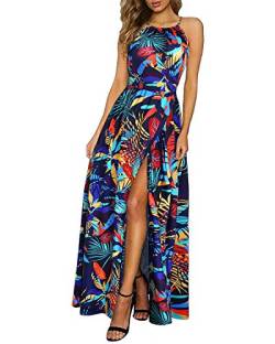 KILIG Sommerkleid Damen Lang Maxikleid Sommer Neckholder Elegant Kleid Hochzeitsgast Partykleid Schlitz Freizeitkleid (Floral-E,Medium) von KILIG