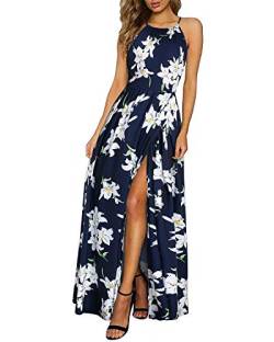 KILIG Sommerkleid Damen Lang Maxikleid Sommer Neckholder Elegant Kleid Hochzeitsgast Schlitz Freizeitkleid(Floral-B,Large) von KILIG