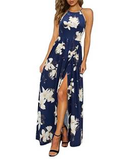 KILIG Sommerkleid Damen Lang Maxikleid Sommer Neckholder Elegant Kleid Hochzeitsgast Schlitz Freizeitkleid (Floral R, Small) von KILIG