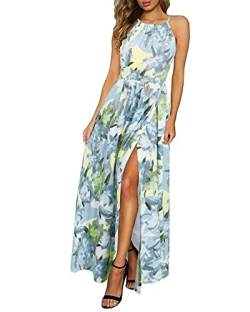 KILIG Sommerkleid Damen Lang Maxikleid Sommer Neckholder Elegant Kleid Hochzeitsgast Schlitz Freizeitkleid (Floral V, Large) von KILIG