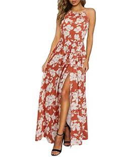 KILIG Sommerkleid Damen Lang Maxikleid Sommer Neckholder Elegant Kleid Hochzeitsgast Schlitz Freizeitkleid (Floral W, Medium) von KILIG