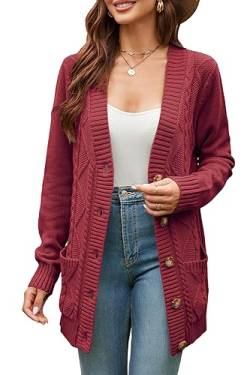 KILIG Strickjacke Damen Lang Grobstrick Cardigan Warm Winter Strickmantel Casual Sweater mit Taschen Dunkelrot von KILIG