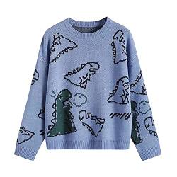 Damen Strickpullover Kawaii Vintage Dinosaurier Gedruckt Pullover Rundhals Lose Langarm Pullover Niedlich Y2K Sweatshirts, blau, M von KILUS