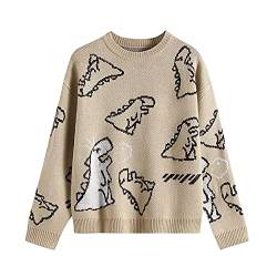 Damen Strickpullover Kawaii Vintage Dinosaurier Gedruckt Pullover Rundhals Lose Langarm Pullover Niedlich Y2K Sweatshirts, khaki, M von KILUS