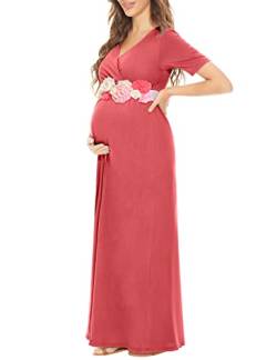 KIM S Umstands-Maxikleid mit Blumenschärpe (Größe S-3XL)/gewickelt, gerüscht, V-Ausschnitt, Fotoshooting, Babyparty-Kleid, S. Papaya, Mittel von KIM S