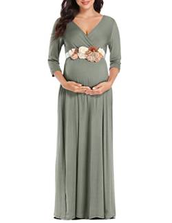 Kims Umstandskleid Maxikleid mit Blumenschärpe, geraffter V-Ausschnitt, Fotoshooting-Kleid mit Tasche - Grün - Klein von KIM S