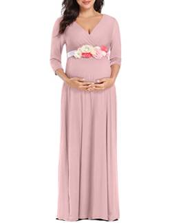 Kims Umstandskleid Maxikleid mit Blumenschärpe, geraffter V-Ausschnitt, Fotoshooting-Kleid mit Tasche - Pink - X-Groß von KIM S
