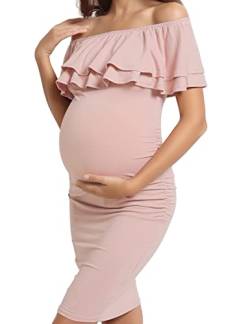 Schulterfreies und doppellagiges Rüschen-Umstandskleid, figurbetontes Kleid für Babyparty oder Fotoshooting, Pink, Klein von KIM S