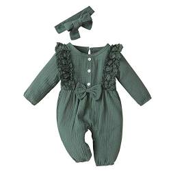 KIMODO Strampler + Stirnband Baumwolle und Leinen Einteiler Sommer Romper Bodysuit Baby Mädchen Jumpsuit Spitze Romper Outfits Playsuits Overall (A-Grün, 6-12 Monate) von KIMODO Baby Mädchen