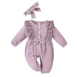 KIMODO Strampler + Stirnband Baumwolle und Leinen Einteiler Sommer Romper Bodysuit Baby Mädchen Jumpsuit Spitze Romper Outfits Playsuits Overall (A-Lila, 0-3 Monate) von KIMODO Baby Mädchen