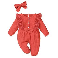 KIMODO Strampler + Stirnband Baumwolle und Leinen Einteiler Sommer Romper Bodysuit Baby Mädchen Jumpsuit Spitze Romper Outfits Playsuits Overall (A-Orange, 3-6 Monate) von KIMODO Baby Mädchen