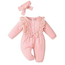 KIMODO Strampler + Stirnband Baumwolle und Leinen Einteiler Sommer Romper Bodysuit Baby Mädchen Jumpsuit Spitze Romper Outfits Playsuits Overall (A-Rosa, 3-6 Monate) von KIMODO Baby Mädchen