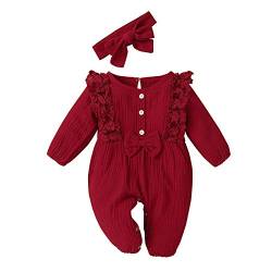 KIMODO Strampler + Stirnband Baumwolle und Leinen Einteiler Sommer Romper Bodysuit Baby Mädchen Jumpsuit Spitze Romper Outfits Playsuits Overall (A-Rot, 12-18 Monate) von KIMODO Baby Mädchen