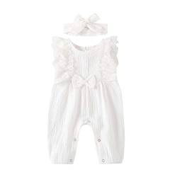 KIMODO Strampler + Stirnband Baumwolle und Leinen Einteiler Sommer Romper Bodysuit Baby Mädchen Jumpsuit Spitze Romper Outfits Playsuits Overall (B-Weiß, 0-3 Monate) von KIMODO Baby Mädchen