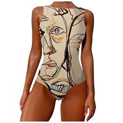 Badeanzug Damen Bauchweg Einteiler Figurformend Graffiti Abstract Print Kreuz Push up Große Größen Sportlich Beachwear Bademode Schwimmanzug Bikini Set Badebekleidung (A-Braun, 3XL) von KIMODO Bekleidung