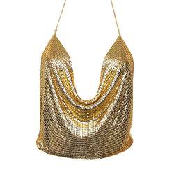 KIMODO Bekleidung Neckholder Weste mit Pailletten Nachtclub Durchsichtig Damen Halter Top Tief V-Ausschnitt Backless Chain Crop Top Clubwaer Tragen Metall Metal Tops (Gold, One Size) von KIMODO Bekleidung