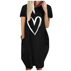 KIMODO Bekleidung Sommerkleid Shirtkleid Blusenkleid Tunikakleid Damen Kleid Kurzarm Casual Rundausschnitt Tops Longshirt Große Größe Lässiges Lockeres Liebesdruckkleid (D-Schwarz, 5XL) von KIMODO Bekleidung