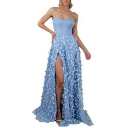 KIMODO Cocktailkleid Damen Sexy Spitze Abendkleid Einfarbige Ballkleid Hohe Schlitz Partykleid Rückenfrei Hochzeitskleid Bodenlang Maxikleid Brautjungfern Kleider Abiballkleid(Blau，S) von KIMODO