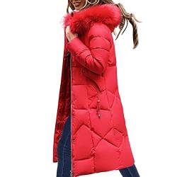 KIMODO Daunenjacke Damen Daunenjacke Lang Mantel Steppmantel Wintermantel Mit Kapuze Winter Warm Winddicht Jacke Outdoorjacke Steppjacke Steppmantel(Rot-b，L) von KIMODO