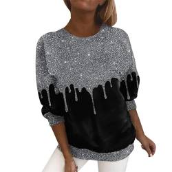 KIMODO Glitzer Oberteile Damen Party Pailletten Langarm Pailletten Silber T-Shirt Langarmshirt Festlich Glitzer Bluse Wedding Spitze Hochzeit Langarm Glitzertop Tunika Damenbluse(C-Silber，5XL) von KIMODO