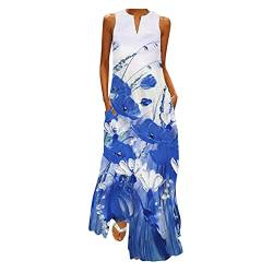 KIMODO Kleider Sommerkleid Frauen Blumenkleid Übergroßes Damen Lose Partykleider Langes Kleider Frauen Beiläufig Ärmellos Große Größen Strandkleider Maxikleider (D-Blau, XXL) von KIMODO