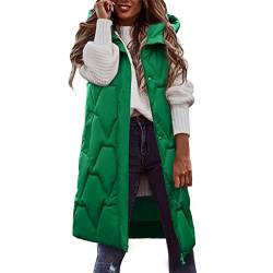 KIMODO Lang Jacke Weste Damen, Daunenweste mit Kapuze Winter Warm Longweste Ärmellose Lange Steppweste Leicht Winterjacke Winterweste Daunenmantel Daunenjacke Outdoor Puffer Jacke (B-Grün，XXL) von KIMODO