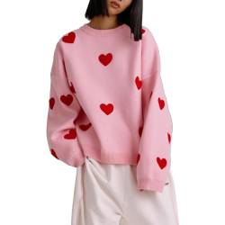 KIMODO Pullover Damen Love Print Strickpullover Langarm Rundhals Sweater Sweatshirt Herbst Winter Elegant Pulli Warme Lose Blusen Oberteile Tops(Rosa，S) von KIMODO