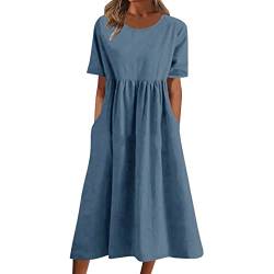 KIMODO Sommerkleid Damen Strandkleider Kurzarm A-Linie Freizeitkleid Minikleid Vintage Kleider Blusenkleid Partykleid Leinenkleid Langes Kleid Casual Sommerkleid(Blau-a，XL) von KIMODO