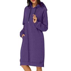 KIMODO Winterkleid Damen Langarm Warm Elegant Pulloverkleid Oversize Maxikleid Casual Kapuzenpullover Kleid mit Taschen Einfarbige Hoodies Freizeitkleider Sweatshirtkleid (1-Purple, L) von KIMODO
