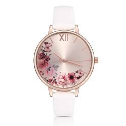 KIMOMT Damenuhren Lederband Luxus Quarz Uhren Wasserdicht Mode Kreative Armbanduhr für Frauen Mädchen Damen, Weißer Blumenstrauß, Quarz-Uhrwerk von KIMOMT