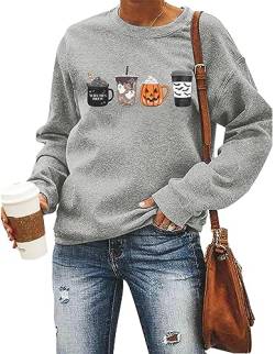 KIMSOONG Halloween Sweatshirts für Frauen Hexen Brew Sweatshirt Kaffee Herbst Sweatshirts Gruselige Jahreszeit Pullover Top, GRAU, XL von KIMSOONG