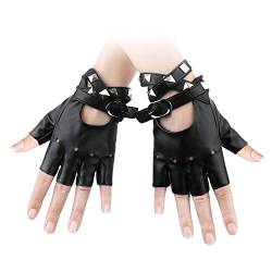 1 Paar Fingerlose Handschuhe aus Leder, Weiches PU Punk Handschuhe Fingerlos Handschuhe Cosplay Schwarzes Rocker Kostüm mit Armband für Halloween Damen Teenager von KINBOM