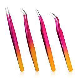 4-Stück Wimpernpinzetten Gebogen, Edelstahl Lash Tweezers Vier Stile Wimpernpinzette zur Volumenisolierung Klassische Wimpern Verschmierte Falsche Nägel (Farbverlauf) von KINBOM