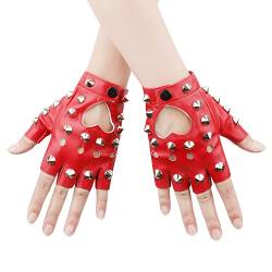 KINBOM 1 Paar Punk Handschuhe Fingerlos, Stilvolle Fingerlose Handschuhe aus Leder Nieten Punk Handschuhe für Halloween Damen Mädchen Cosplay Performance (Rot) von KINBOM