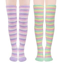 KINBOM 2 Paare Lange Socken für Frauen, Gestreift Warme Flauschige Socken Oberschenkelhohe Socken für Frauen von KINBOM