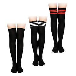 KINBOM 3 Paar Oberschenkelhohe Socken, Sanft Baumwolle Weich Kniestrümpfe Lange Strümpfe Damen Overknee für Damen Mädchen Alltagskleidung (Schwarz-Weißer Streifen, Schwarz-Roter Streifen, Schwarz) von KINBOM