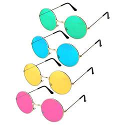KINBOM 4 Paar Hippie Sonnenbrille, Metallrahmen Sonnenbrille Rund, Mehrfarbig Retro Sonnenbrille für Mädchen und Jungen - Hippie-Accessoires Mitbringsel (Rosa, Gelb, Grün, Blau) von KINBOM