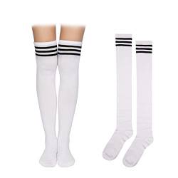 KINBOM 60cm / 23.6inch 1 Paar Oberschenkelhohe Socken, 100% Baumwolle Weich Kniestrümpfe Lange Strümpfe Damen Overknee für Mädchen Damen Alltagskleidung (Haupt Weiß, Schwarzer Streifen) von KINBOM